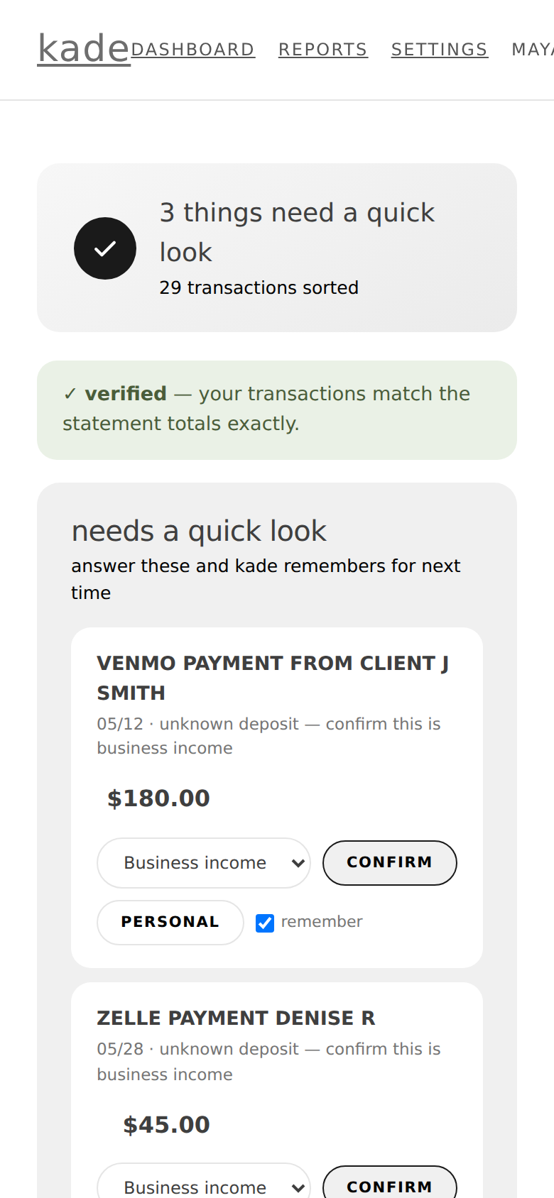 kade results screen on a phone: a bank statement sorted into schedule c categories, a green verified badge showing the totals match the statement, and three flagged charges — a venmo payment and a zelle payment — waiting for a one-tap confirm